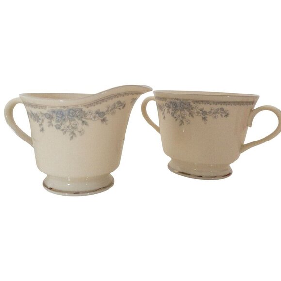 Lenox Reverie Floral Creamer & Sugar Bowl Set Ivory Blue Flowers - Picture 1 of 9